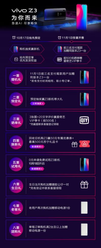 性价比神机vivo Z3开启预定，苏宁易购线下包销打响双十一