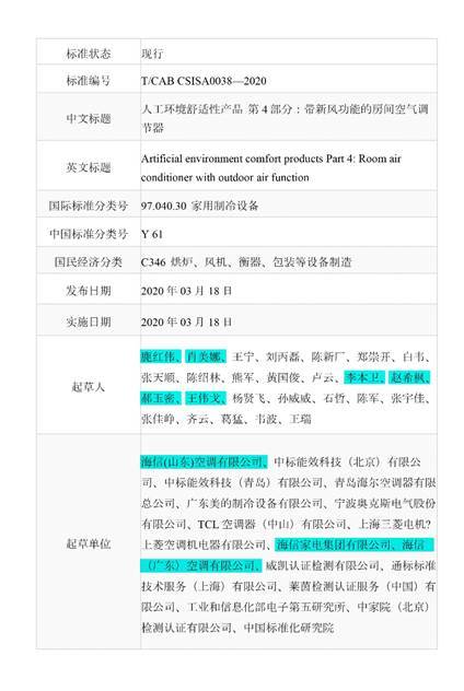 中国首个新风空调团标发布，海信牵头制定