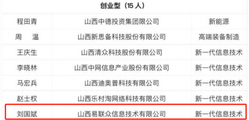 实力上榜！易联众刘国斌获评山西省新兴产业领军人才