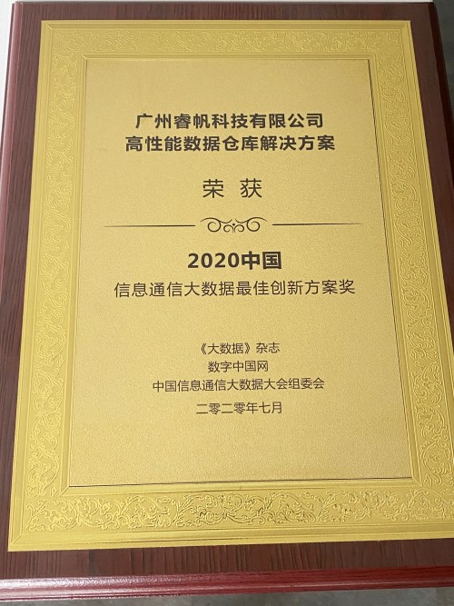 睿帆科技数仓解决方案，荣获2020中国信通会大数据最佳创新方案奖