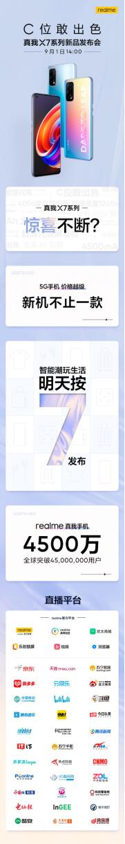 首发天玑800U千元5G手机？realme 真我X7系列9月1日发布或将有惊喜