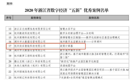 实在智能“政策计算器”入选省数字经济「五新」优秀案例