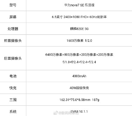 华为nova7 SE 乐活版核心参数曝光：搭载麒麟820E 40W快充加持