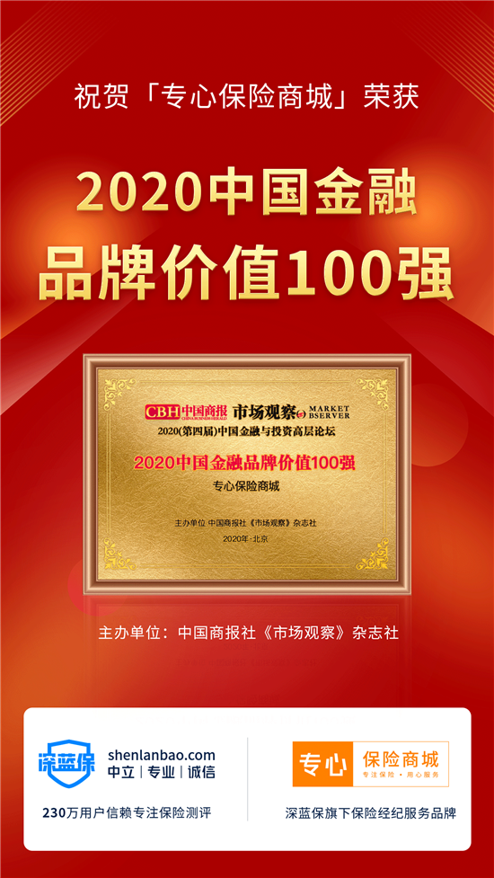 极致用户体验！深蓝保旗下专心保险商城入选“2020中国金融品牌价值100强”