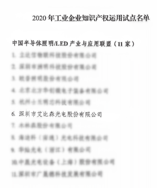 艾比森入选“国家工业企业知识产权运用试点企业”