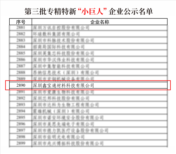 深圳鑫宝通开创新材料管道 上榜专精特新“小巨人”企业名单