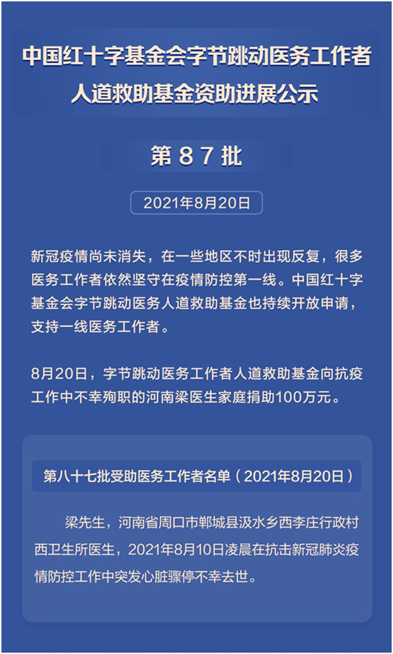 字节跳动医务基金资助河南抗疫医生家庭100万元