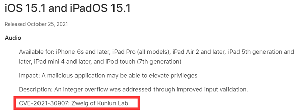 苹果iOS /iPadOS 15.1安全内容更新，赛博昆仑再获感谢