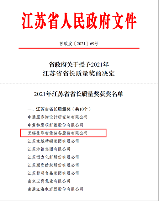 先导智能荣膺2021江苏省长质量奖 让科技企业进入“数智时代”