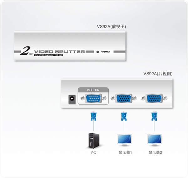 ATEN VS92A 2端口视频分配器 (350MHz)