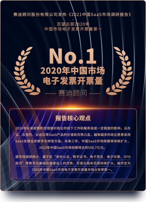 赛迪顾问发布《2021中国SaaS市场研究报告》 百望云连续3年蝉联电子发票市场占有率第一