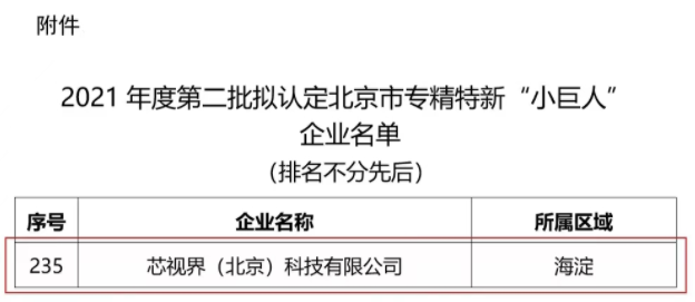 芯视界科技获评北京市专精特新“小巨人”企业