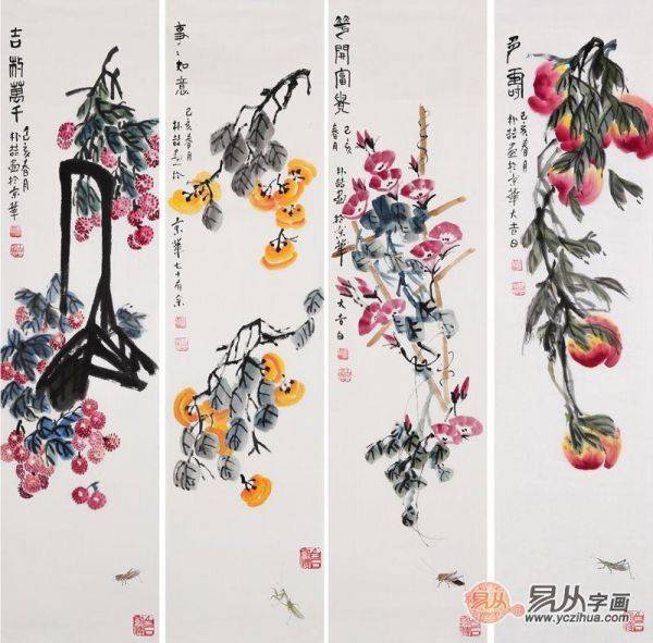 中国花鸟画四条屏——齐白石后人 朴喆写意四条屏国画