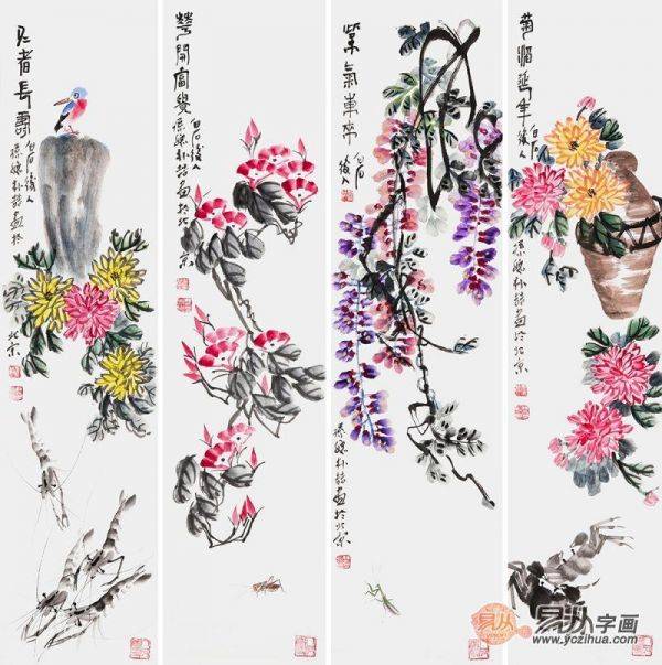 中国花鸟画四条屏——齐白石后人 朴喆写意四条屏国画