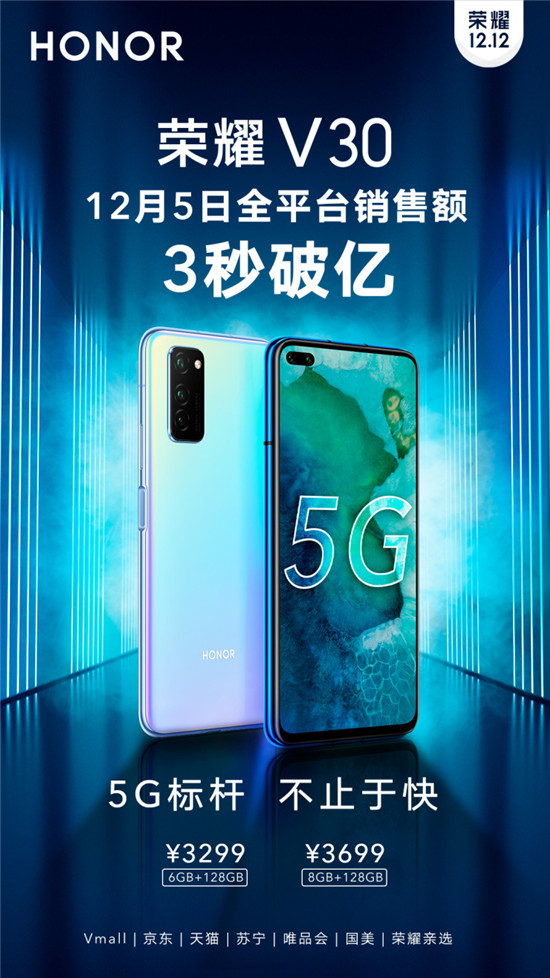 荣耀V30今日首销：全平台3秒破亿！双模5G+相机矩阵遭疯狂追捧